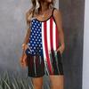 Womens Sleeveless Spaghetti Strap Romper Star Flag Print Pocket Short Jumpsuit