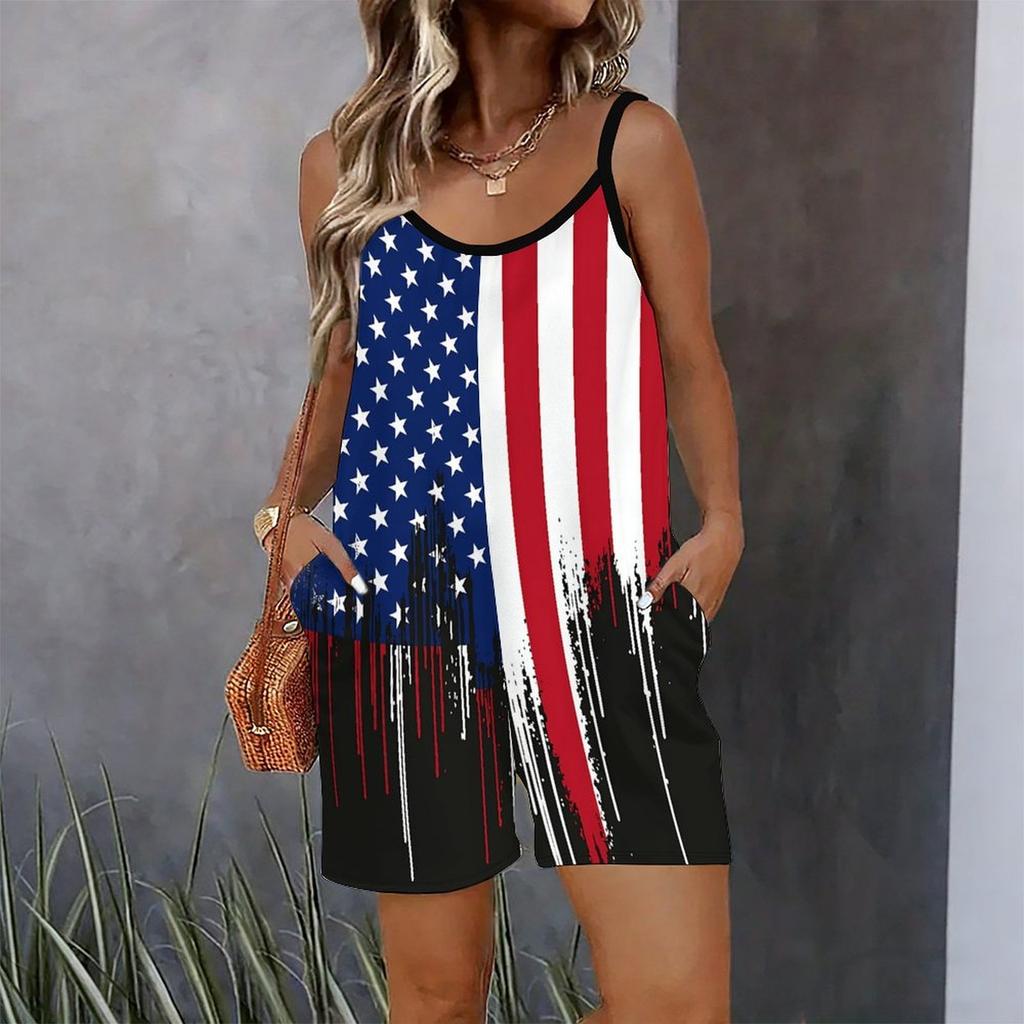 Womens Sleeveless Spaghetti Strap Romper Star Flag Print Pocket Short Jumpsuit