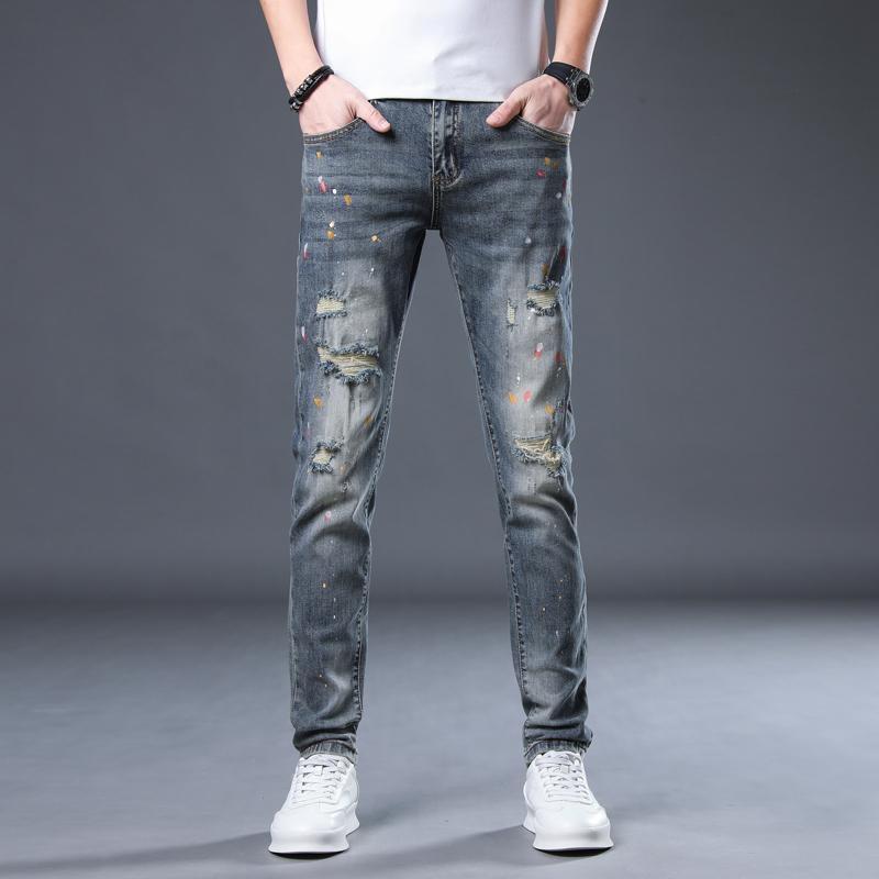 Spring and Autumn New Embroidery Men's Trousers Elastic Casual Printed Jeans Men's Trousers Tide Slim Small Leg Trousers