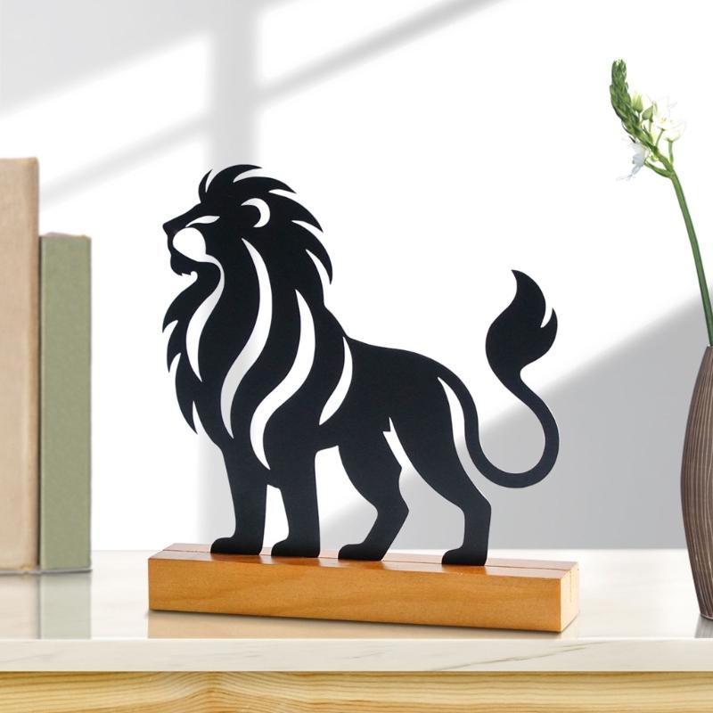 Metall Löwenstatue Figur Hohl Eisen Tierskulptur mit Holzsockel Tischmittelstücke Dekore Heim Desktop Ornament