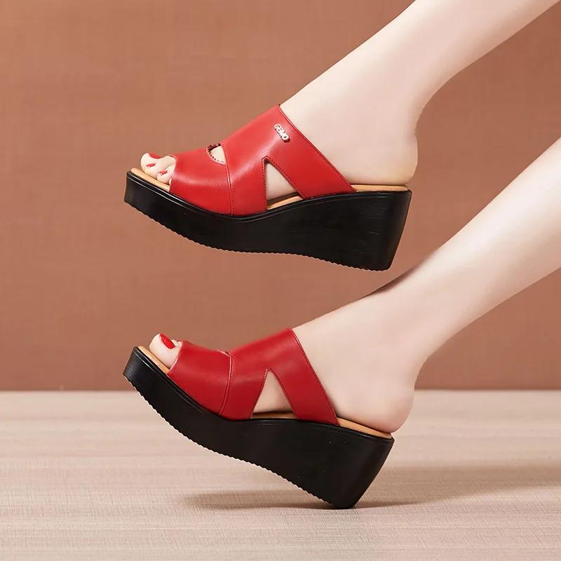 Übergröße 33-43 Lässig Draußen Mittelhoch Plateau Keilabsatz Pantoletten Damenschuhe Sommer 2025 Strand Büro Weiches Leder Pantoletten