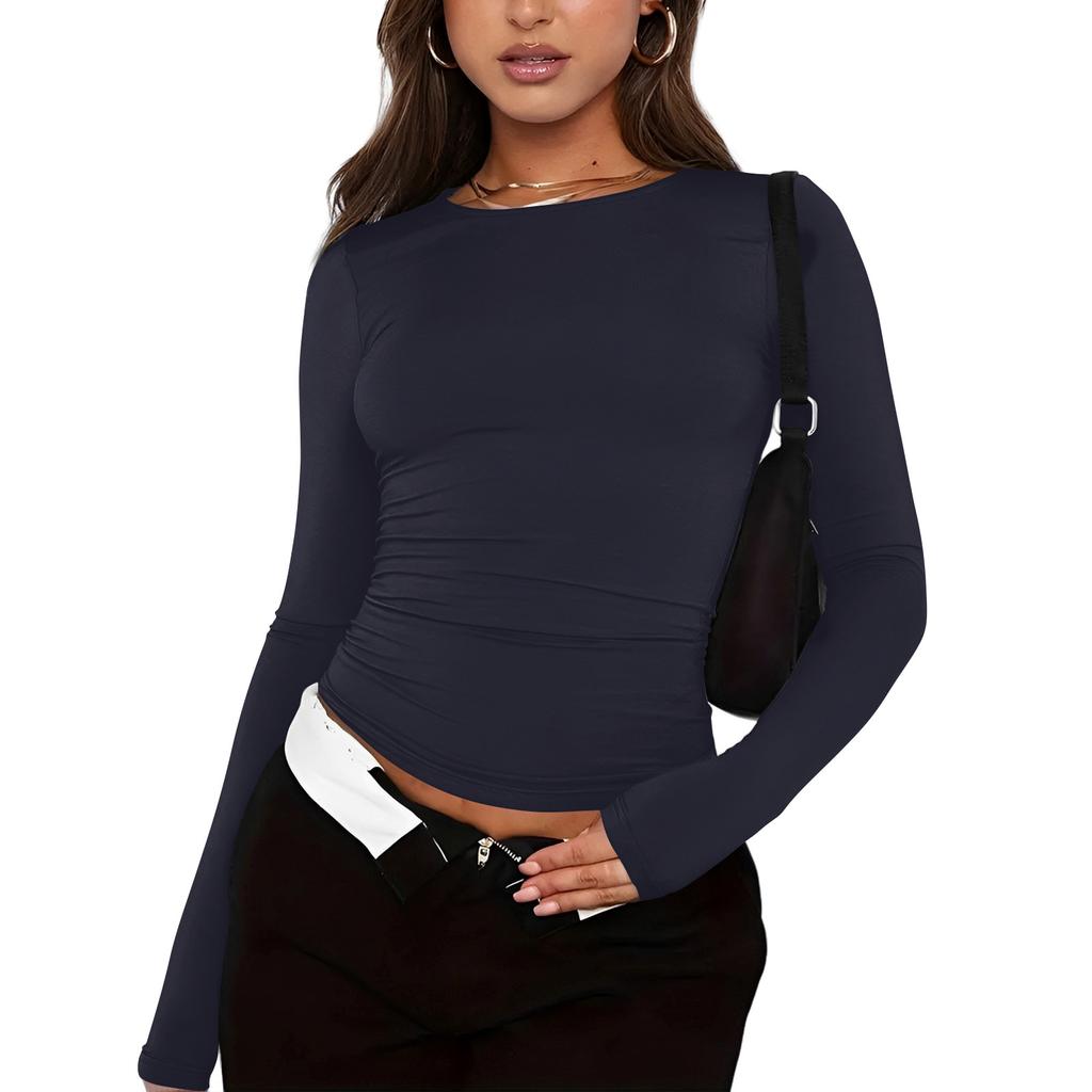 Women's Fashion Solid Colour Round Neck Long Sleeve T-Shirt Top