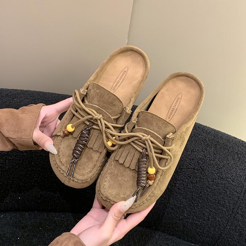 Fashion Retro Suede Fabric Slippers Women's Summer Beaded Casual Flat Shoes 2025 New Thick Slip on Mueller Slides Female Daily Loafers