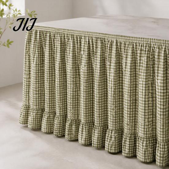 Conference Room Table Decoration 6Ft Gingham Skirt with Ruffled Edge, Checkered Teacher Desk Skirt, Pastoral Style Plaid Decor Hook And Loop Wrap for