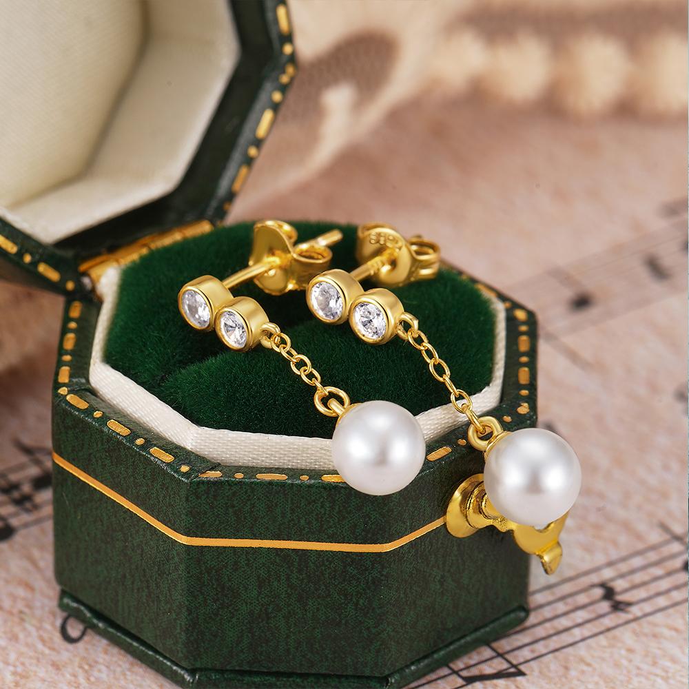 Fashion 925 Sterling Silver Small Zircon Tassel Chain Dangling Pearls Gold Plated Stud Earring Jewelry for Women