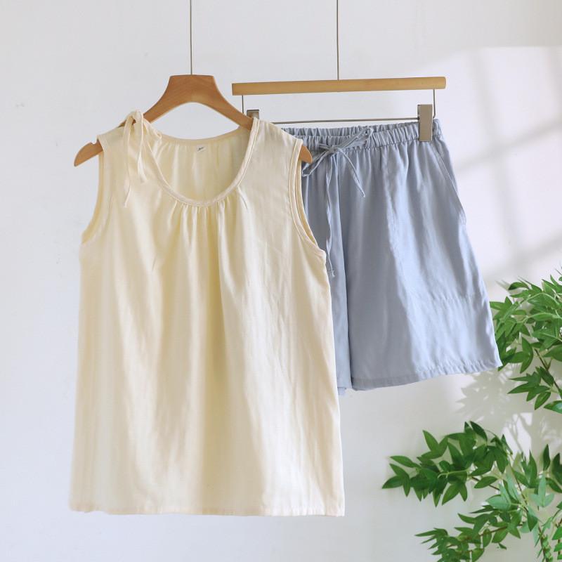Lightweight Cotton Womens Pajama With Round Neck Sleeveless Top And Shorts For Summer