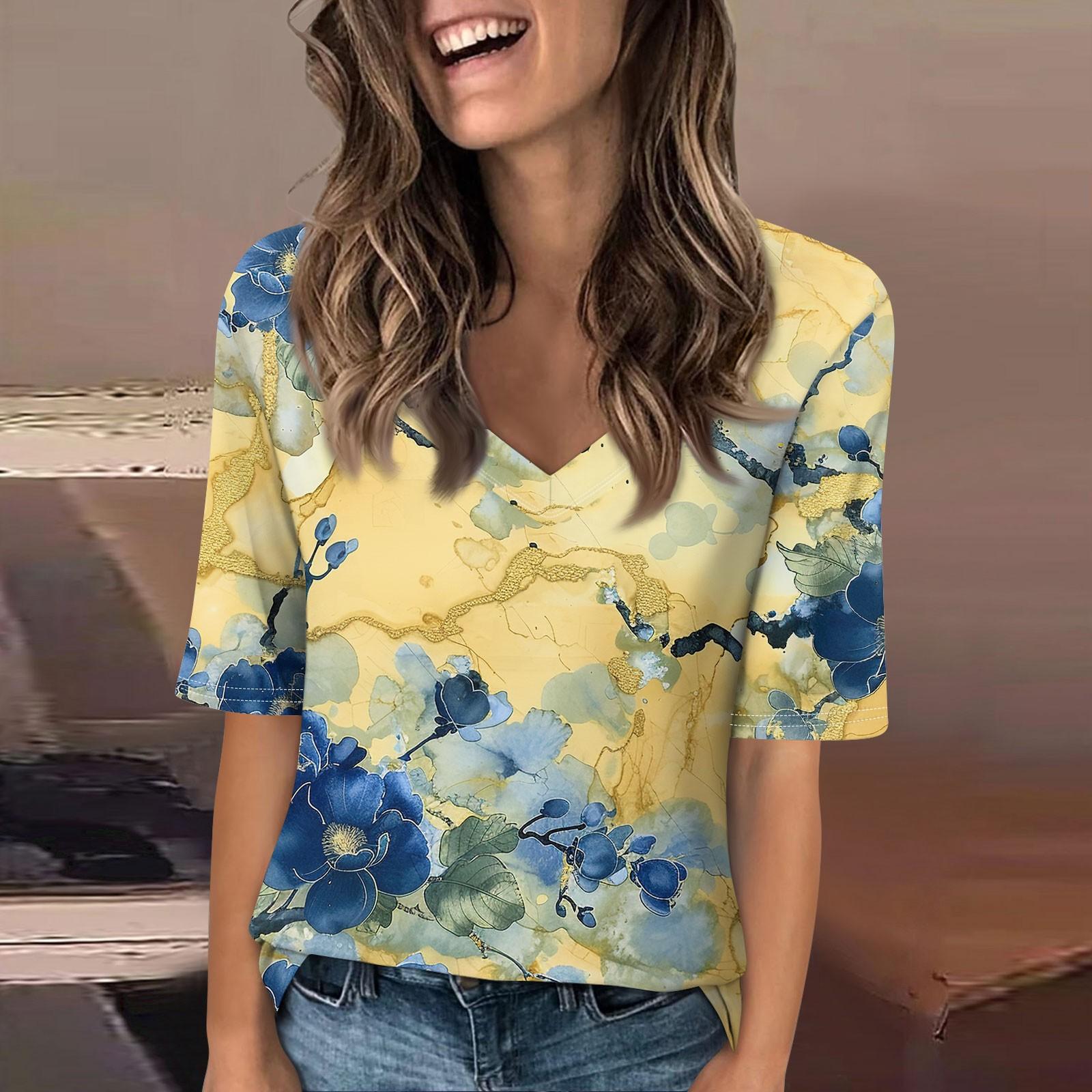 

Сорочки для жінок. Модні футболки з V-подібним вирізом. Повсякденні літні футболки з принтом. Футболка. Блузка. Топи з напіврукавом для жінок. XL жовтий