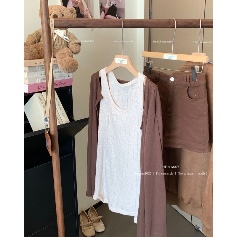 

Kumikumi Idle Style Brown Thin Long Sleeve Cardigan Jacket Women s Clothing Fall Inner Match Slimming Vest Two-Piece Set Interior Vest L