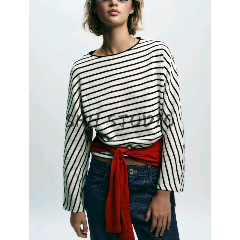Fall New Women's Clothing French Cotton Loose round Neck Batwing Long Sleeve Stripes Fashion Tops 1165260