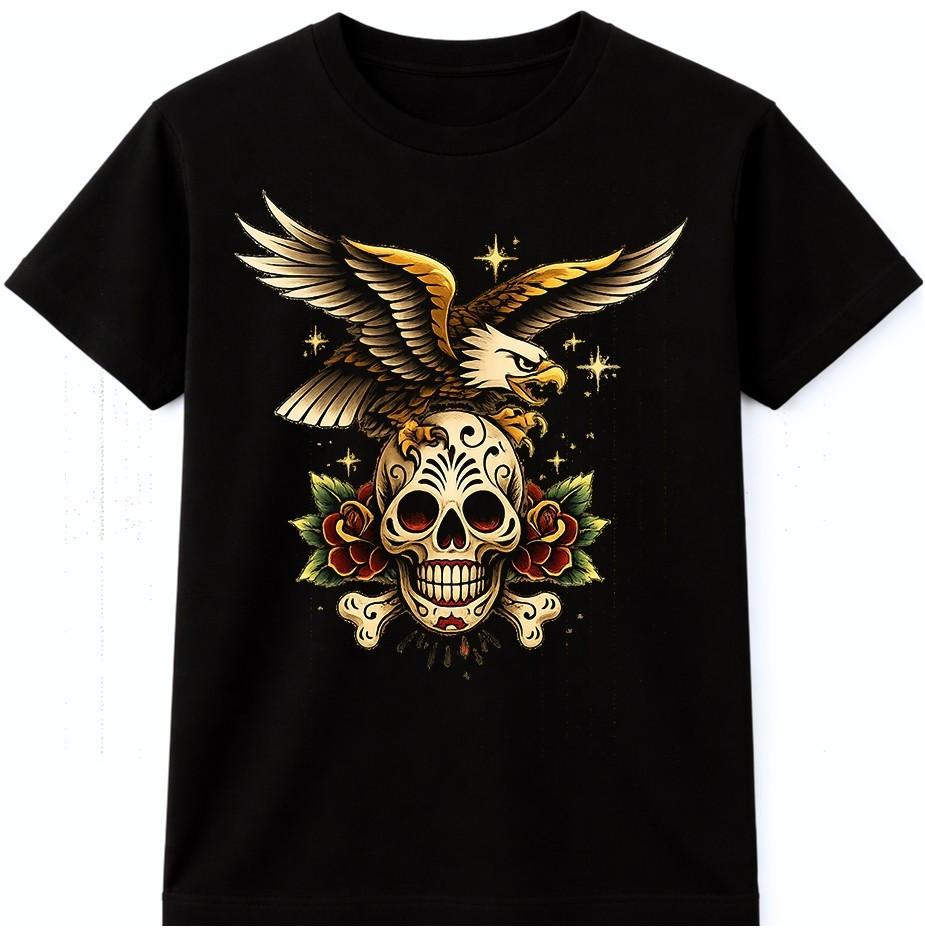 Eagle Skull Tattoo T Shirt Gothic Biker Graphic Tee American Bird Art Shirt S разноцветный