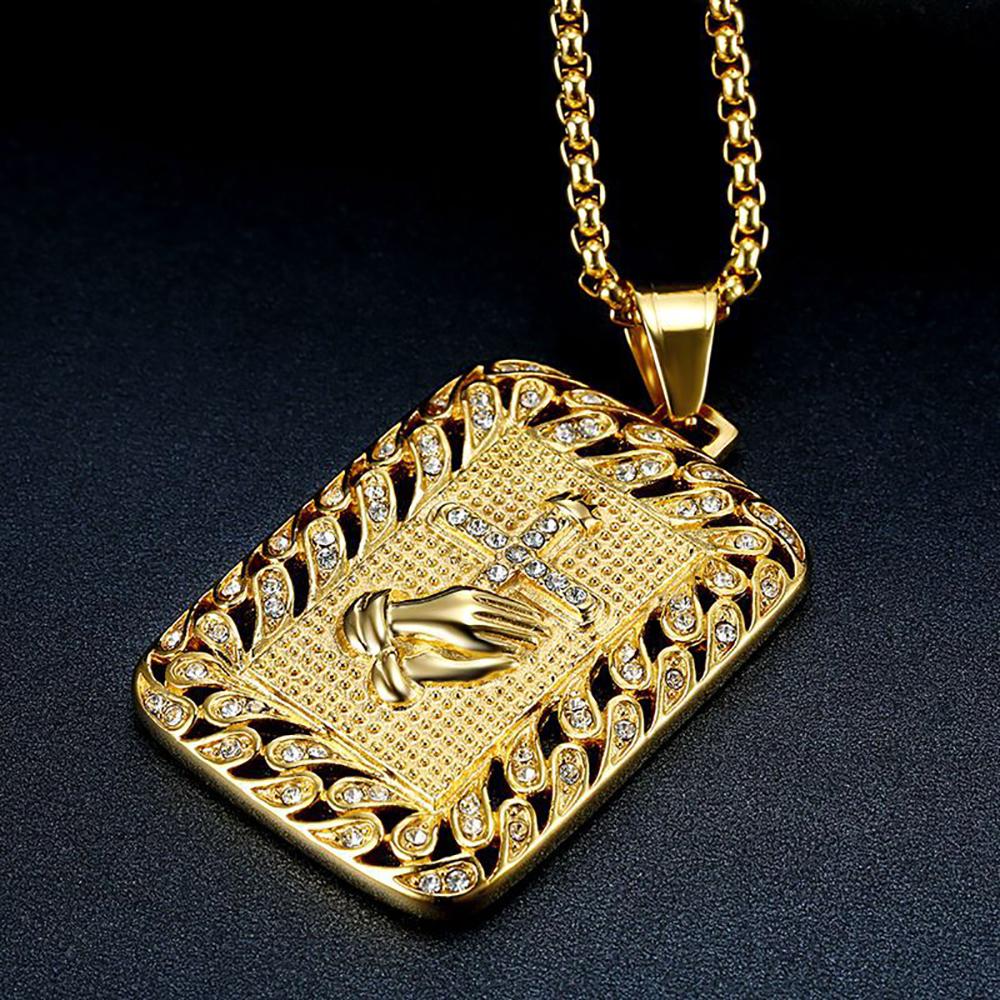 Religious Praying Hands Cross Square Pendant Gold Color Stainless Steel Christian Prayer Necklaces for Men Hip Hop Jewelry Gift