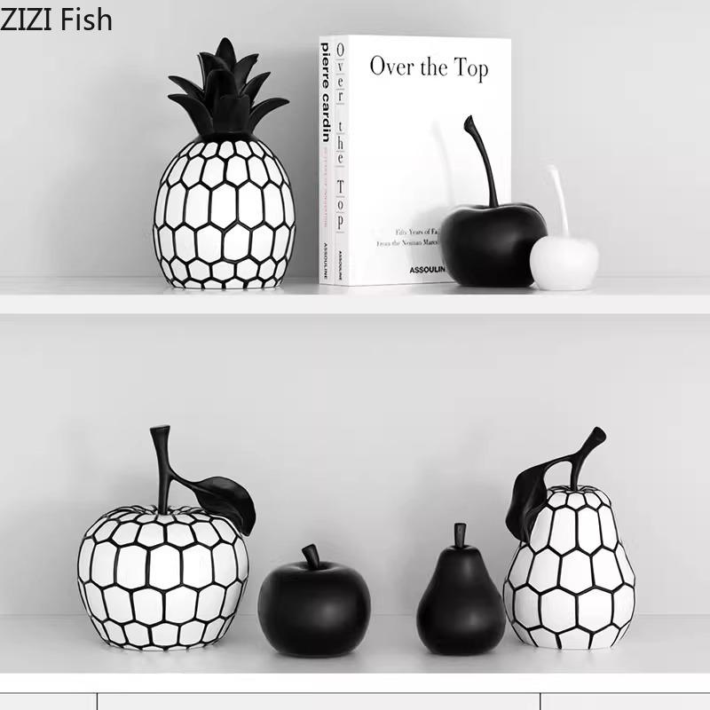 Black and White Stripe Apple Pineapple Statue Desk Decoration Ornaments Minimalism Fruits Resin Sculpture Room Aesthetics Decor