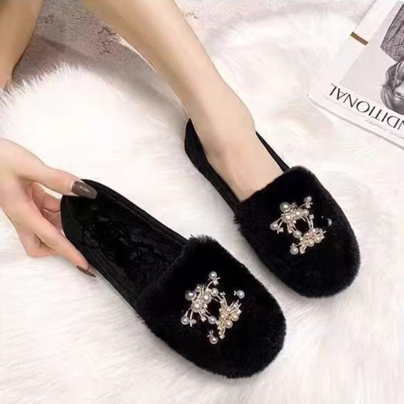 Plush plush shoes warm Doudou shoes winter new casual cotton shoes bow round head flat sole single shoes women