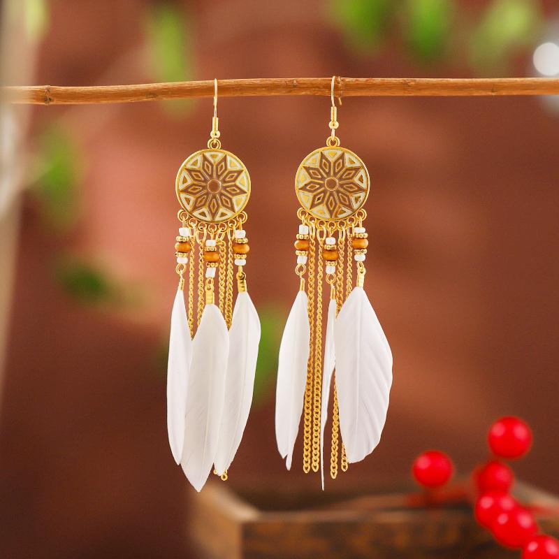 Bohemian Long Sun Flower Feather Earrings for Women Trendy Ethnic Retro Gold Color Chain Tassel Earring Wedding Vacation Jewelry