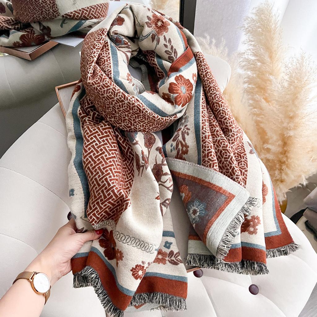 New Women's Thick Jacquard Faux Cashmere Flower Scarf - Warm Simple Shawl for Autumn & Winter