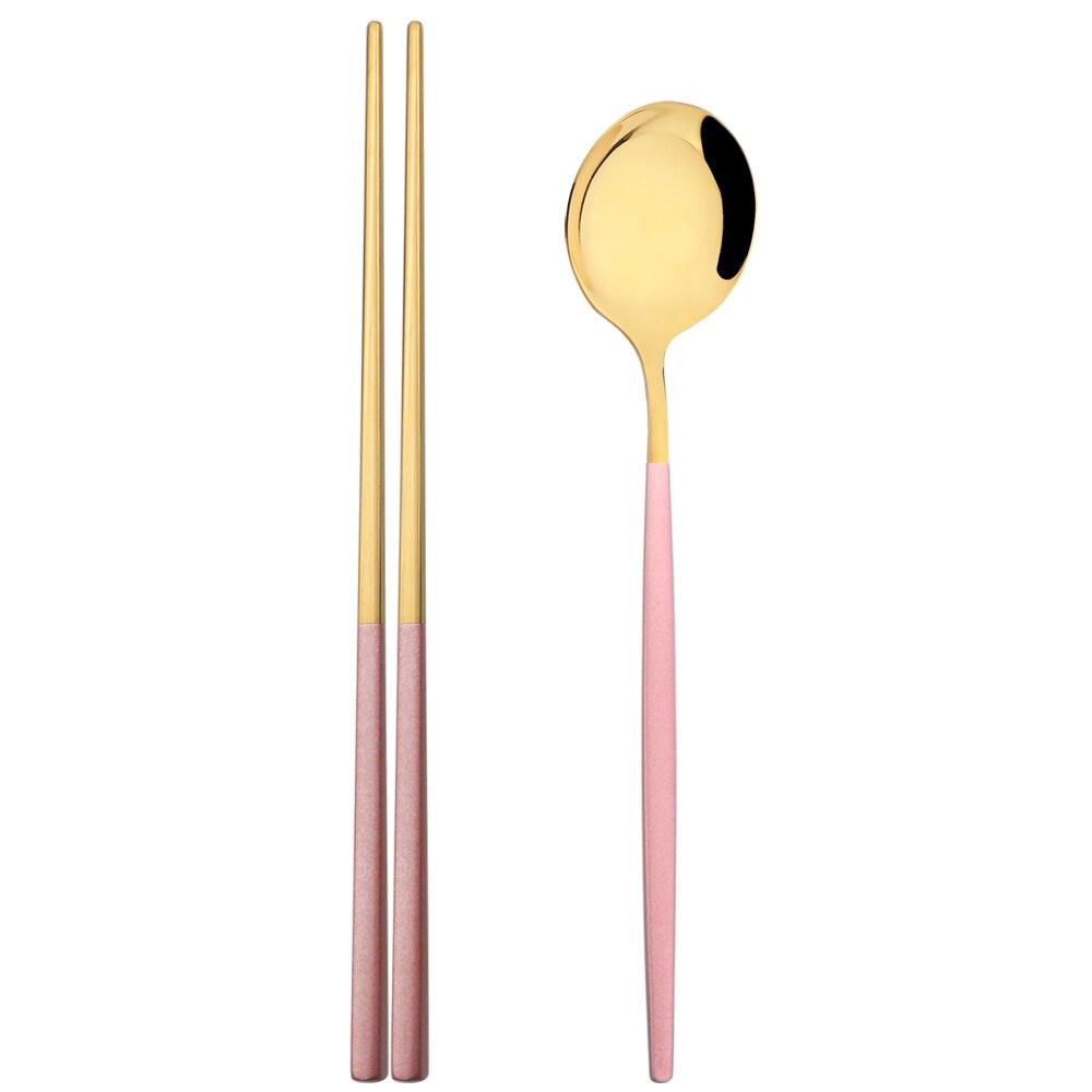 Gold 2Pcs Stainless Steel Tableware Set Mirror Dinner Spoon 304 Chopsticks Cutlery Set Lunch Dinner Set Portable Travel Dinnerware