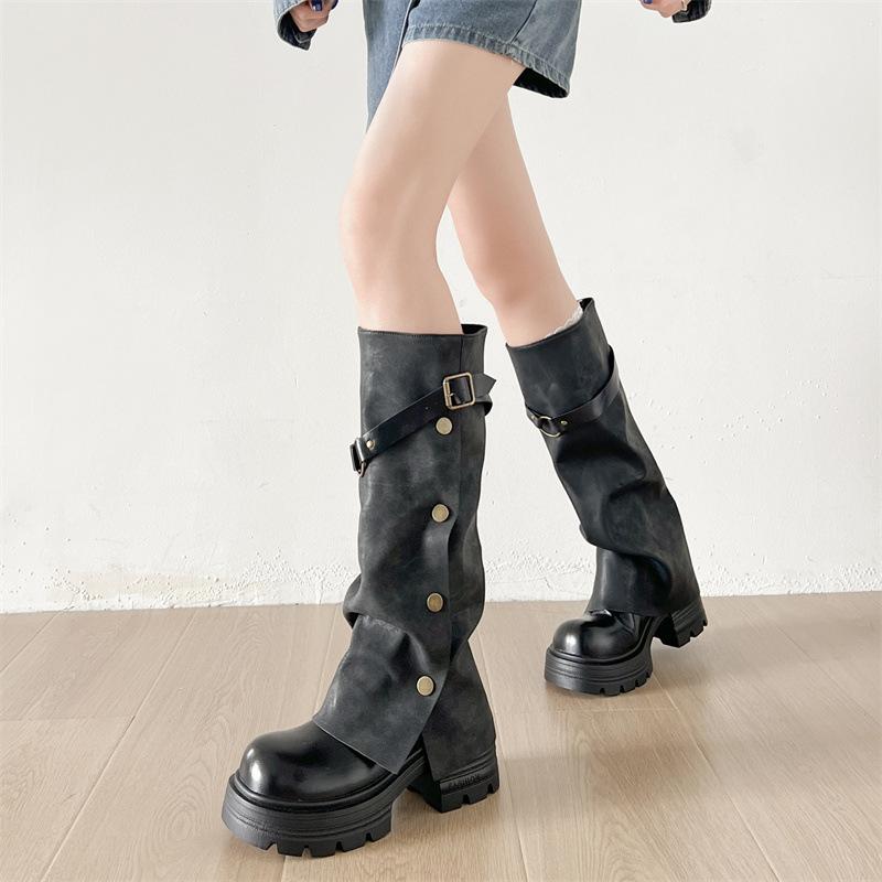 Black retro thick heel platform boots women's shoes 2025 new autumn British style thin but knee trouser boots