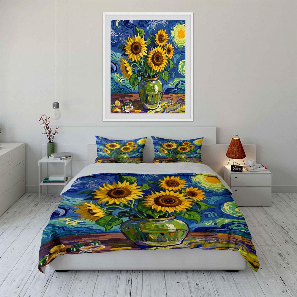 Sunflowers in Starry Sky Bedding Duvet Cover Set (1*Duvet Cover 2*Pillowcases, without duvet insert)