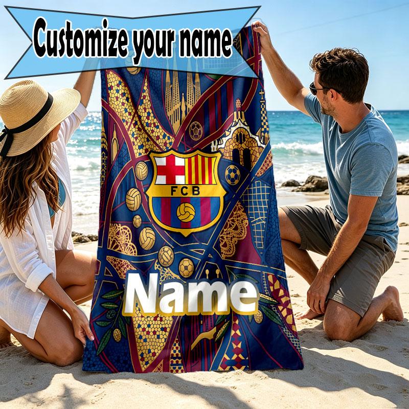 Serviette de Plage Personnalisée avec Nom Club de Football Barcelone, pour Voyage Camping Fête à la Plage Décoration Intérieure, Cadeau d'Anniversaire pour la Famille et les Amis