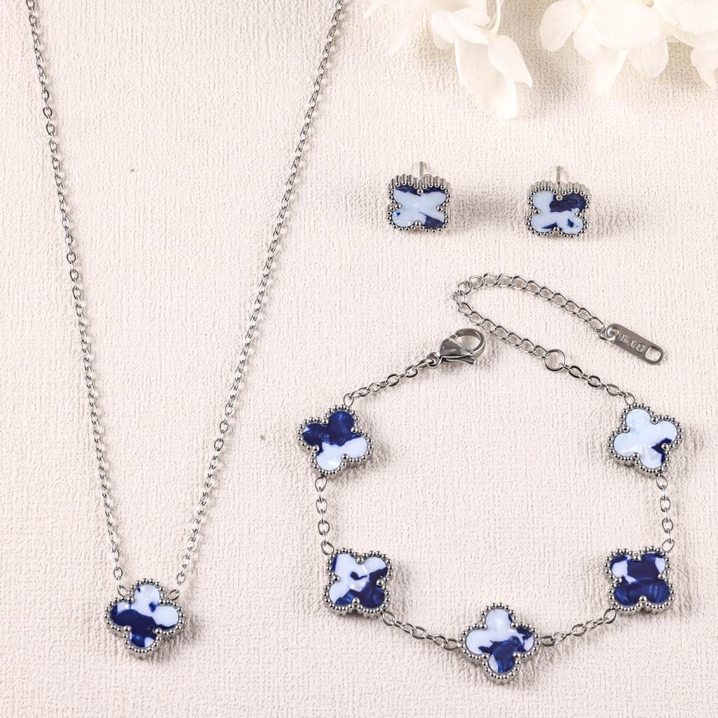 3PCS Clover 18K Gold Plated Necklace Bracelet Earnail Set Women's Light Luxury Colorful Fashion Accessories