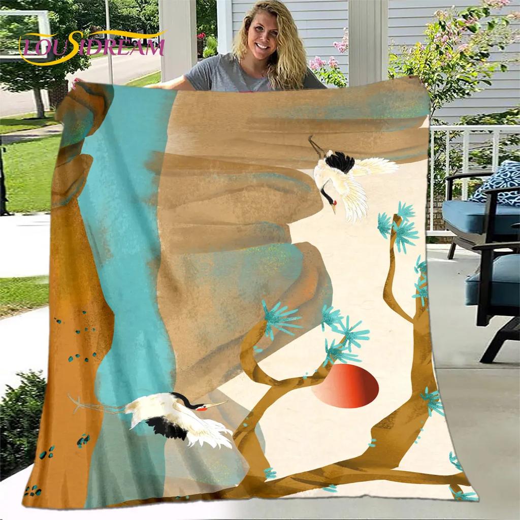 3D Classical Chinese Crane Blanket,Flannel Blanket Throw Blanket,Warm Blanket for Home Living Room Bedroom Beds Sofa Picnic Kid