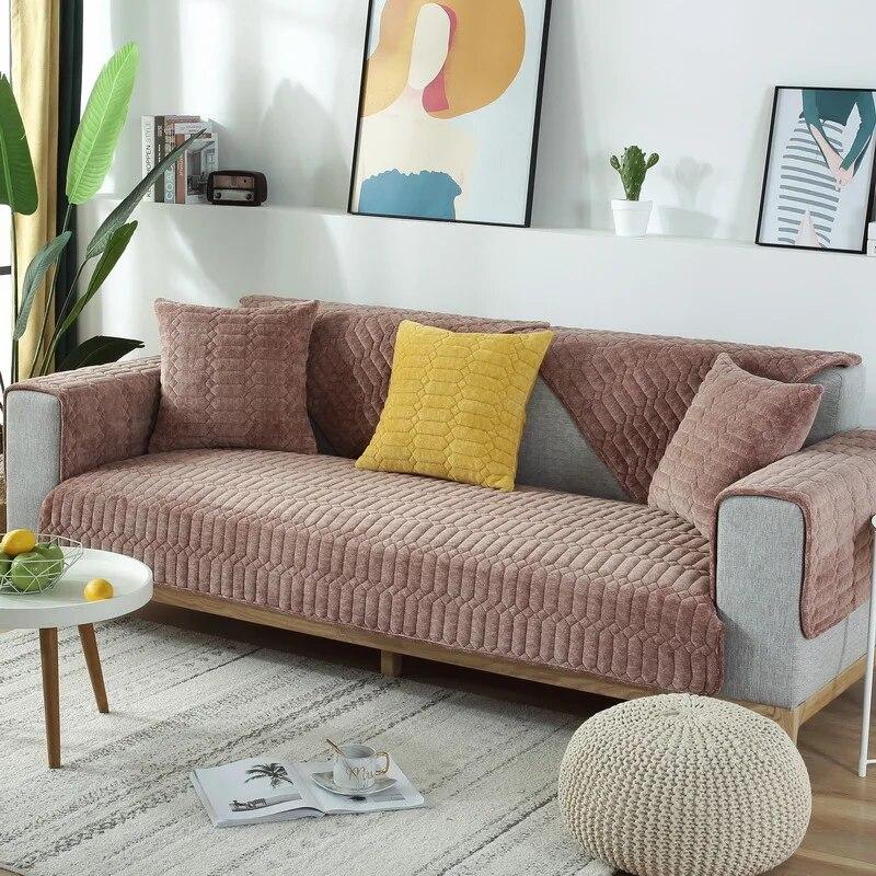 Crystal Velvet Sofa Polyester Winter Plush Sofa Cushion Uniform Color Modern Simple Sofa Cover