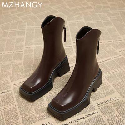 Fashion Platform Women Ankle Boots Mid Heels Leather Shoes 2024 Trend Chelsea Boots New Pumps Snow Motorcycle Boots Winter Mujer Zapatos