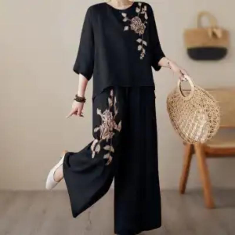 

Комплект вышивки льняная летняя рубашка пуловер с короткими рукавами легкие брюки из искусственного хлопка и льна с широкими штанинами комплект из двух предметов 2XL