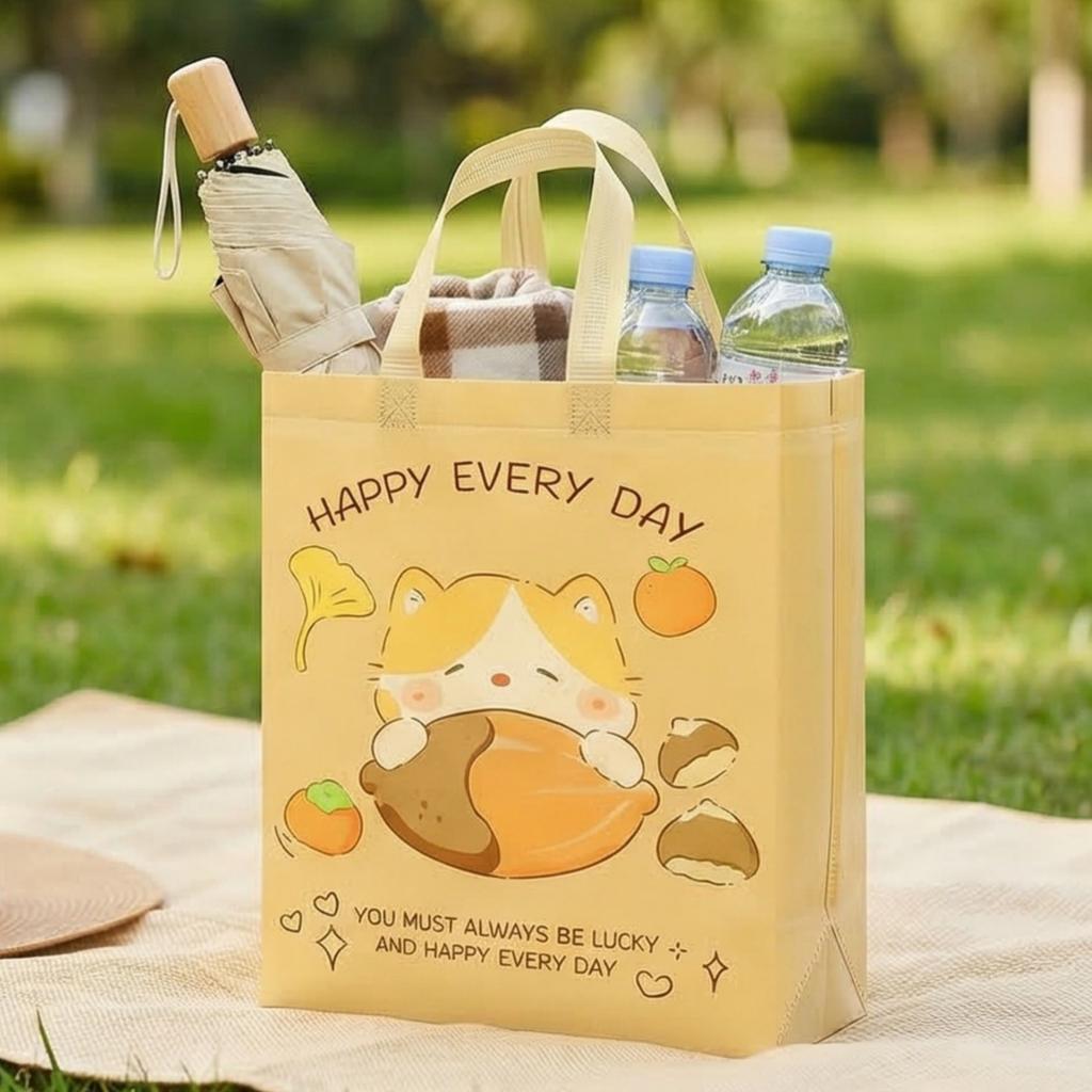 12pcs Cute Cat Non Woven Gift Tote Bags Animal Print Handbags Party Favor Bags Kawaii Gift Packaging Bags