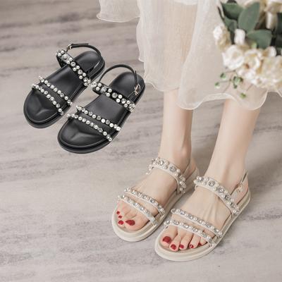 2024 Bing Bling Pedrería Perlas Sandalias Planas Diamantes Zapatos Planos Negro Beige Cristales Zapatos de Playa Sandalias de Plataforma Sandalias Mujer