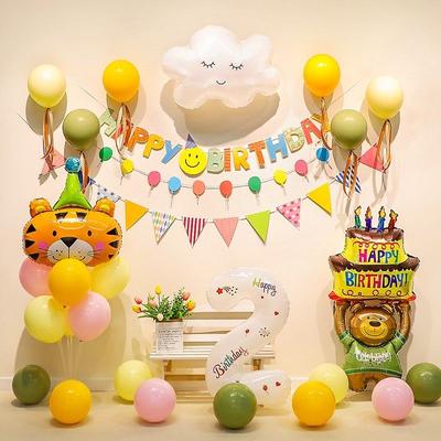 Dekoration für eine Kindergeburtstagsparty-Szene, Luftballons zum ersten Geburtstag für Jungen und Mädchen, Dekorative Artikel, Hintergrundwand