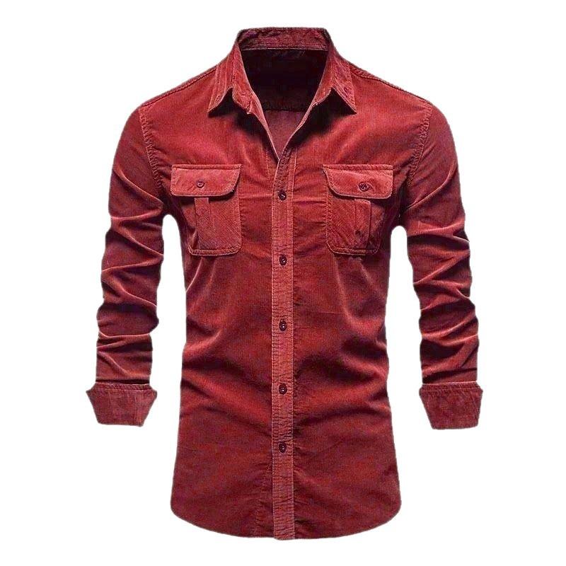Men Corduroy Button Down Shirt Long Sleeve Casual Workwear With Chest Pockets