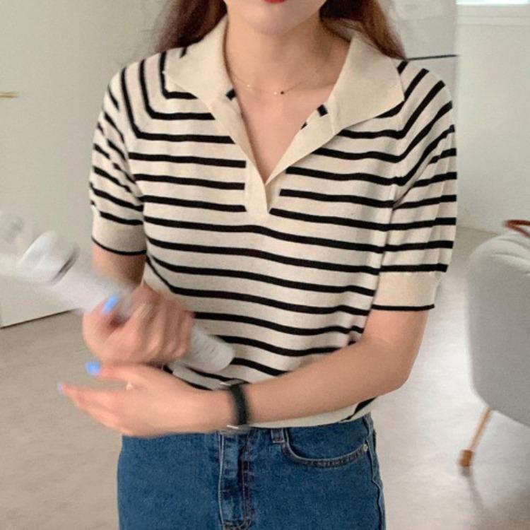 

Модный простой летний ретро-свитер с полосками и лацканами, тонкий трикотажный свитер, свободная универсальная прямая футболка с короткими рукавами, женская повседневная облегающая футболка, пуловеры, футболки One Size абрикосовый