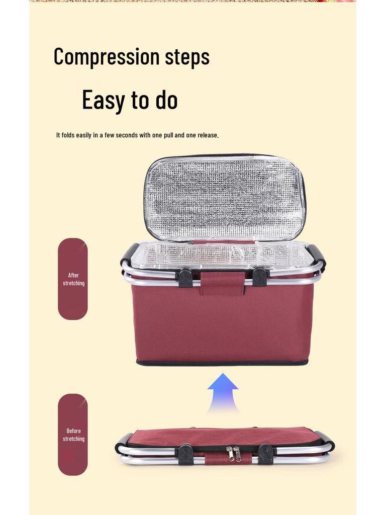 Katlanabilir Dış Mekan Yalıtımlı Piknik Sepeti - Tazeliği Koruyan Alüminyum Saplı Su Geçirmez Oxford Kumaş