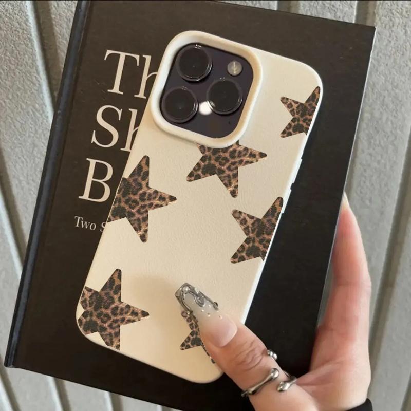 Leopard Print Stars Lychee Texture Phone Case For iPhone 17 Air 16 E 15 14 13 12 11 Pro Max Plus SE Soft Cover
