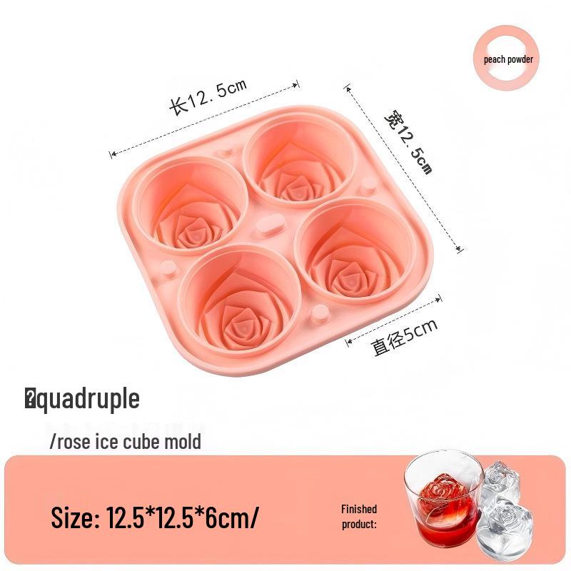 Large Four-Grid Rose Ice Ball Mold - Silicone Ice Tray for Whiskey and Home Ice Making