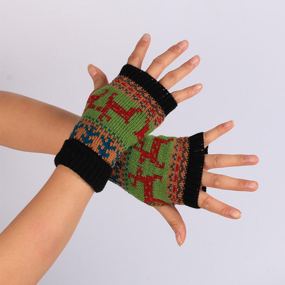 

Вязаные перчатки с цветным рождественским оленем на половину пальца — теплые и идеальные для Хэллоуина One Size чёрный