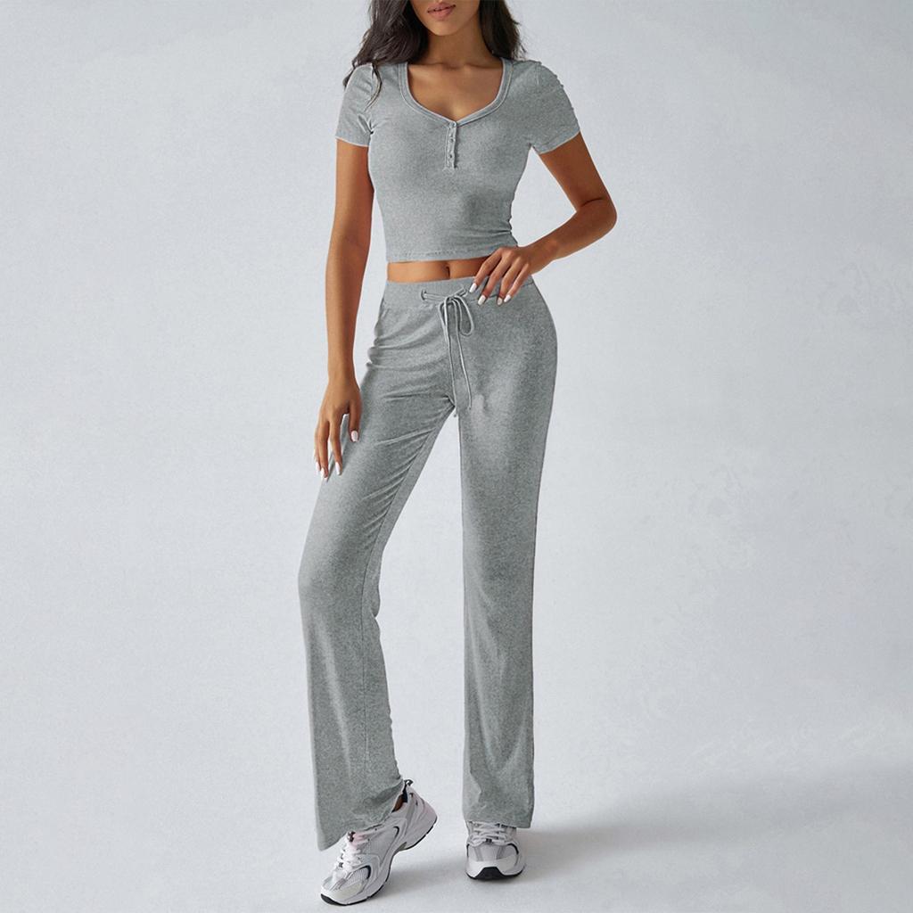 Women's Set Two Piece Short Sleeve Cropped Tops Matching Flare Pants Sets Casual