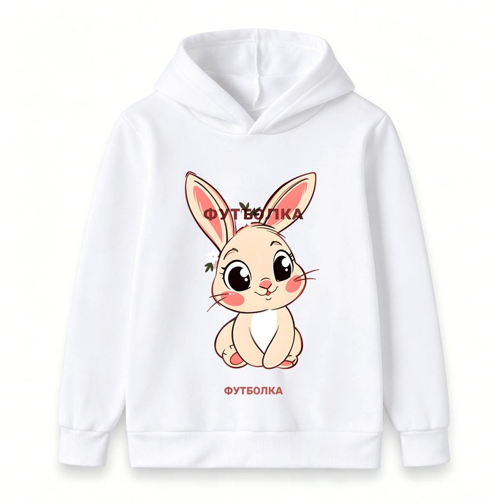 Cute Cartoon Bunny with Little White Flowers Print Kids Hoodie, Casual Soft Pullover Sweatshirt for Boys Girls, Cozy Long Sleeve Tops for Daily Outdoo