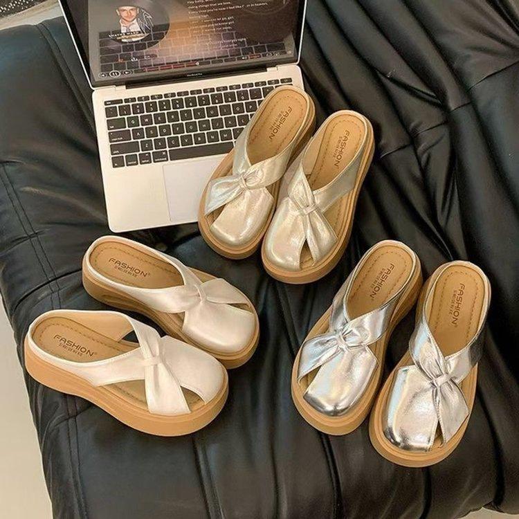 Thick-bottomed bag head half slippers for women's outer wear 2025 summer new versatile skirt French soft-bottomed beach cool slippers