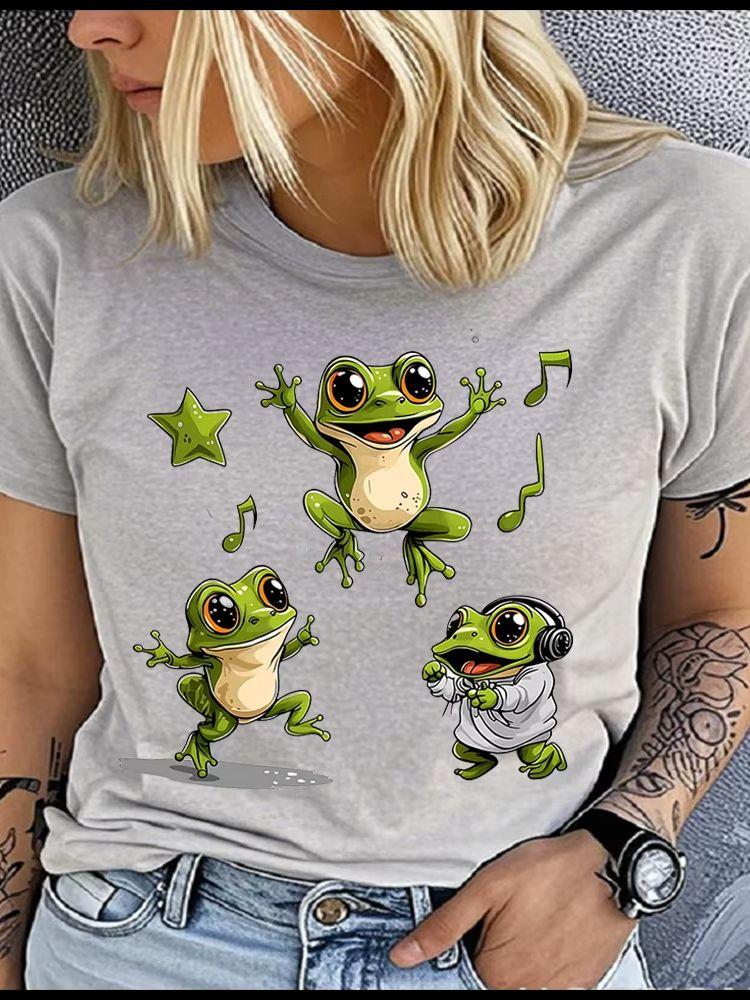 Unisex Polyester 100% Happy Jumping Big Eyes Frog Print T-Shirt Loose Round Neck Casual Short Sleeve Fashion Top for Summer