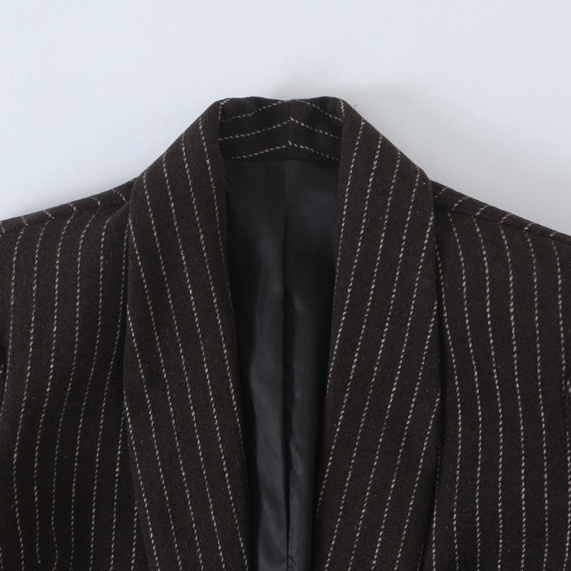 Women's Striped Open Front Blazer, Thick Woolen Suit Jacket, Elegant Commuter Waist Slimming Design,Stylish No Button Ladies Business Outerwear