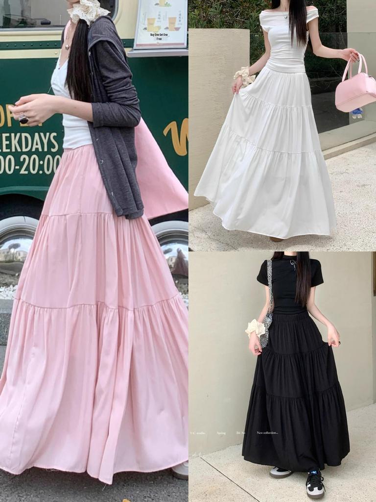 Plus Size Autumn White Pleated Midi Skirt for Women