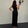 Women’s Summer Slim Fit Bodycon Dress Sleeveless High Waist Ruched Design Split Hem Long Dress for Casual and Party Wear