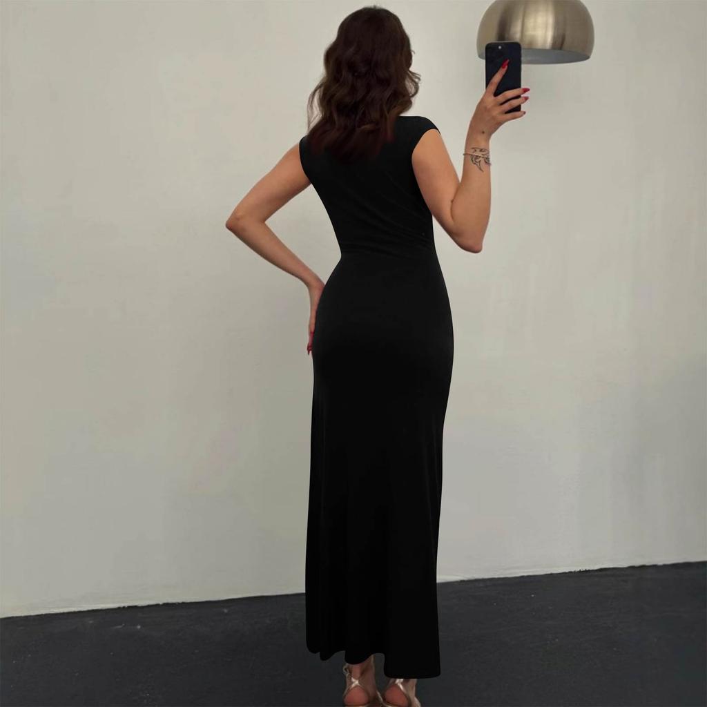 Women’s Summer Slim Fit Bodycon Dress Sleeveless High Waist Ruched Design Split Hem Long Dress for Casual and Party Wear