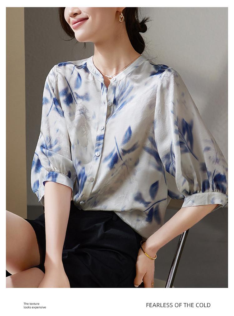 Fashionable printed round neck seven quarter sleeved shirt for women in 2026 summer, loose and versatile, including mulberry silk shirt