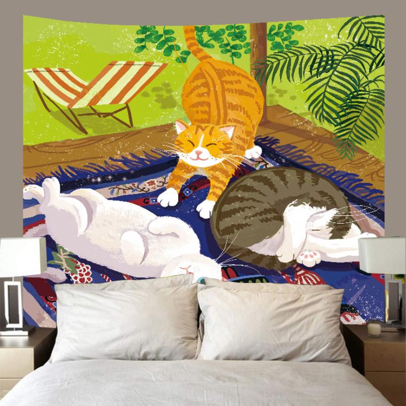 Lazy Cats Tapestry Wall Hanging Garden Cats Sunbathing Boho Illustration Cute Animal Aesthetic Wall Art Bedroom Decor