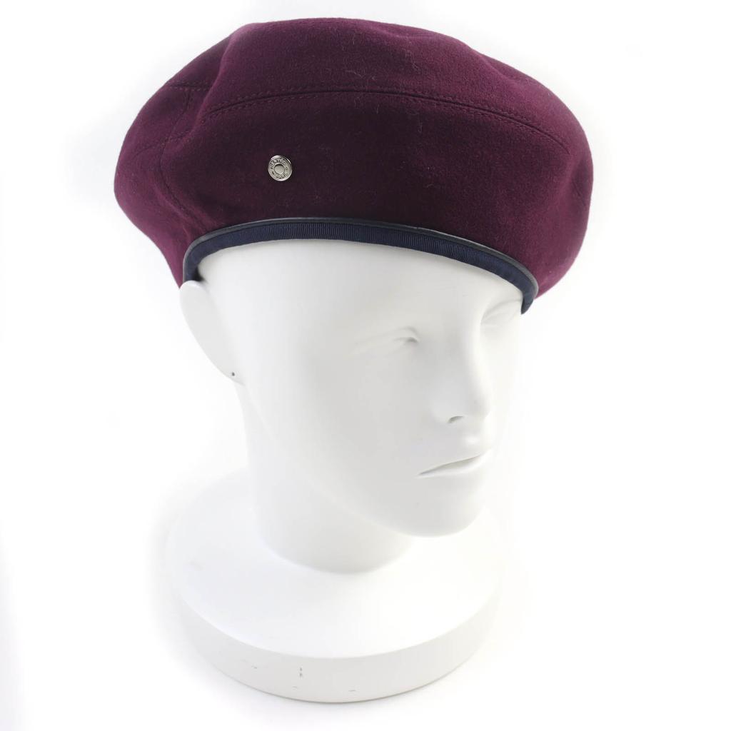 Excellent HERMES Beret Santreno Leather with Serie Buttons Wine-red Cashmere Women 58 Used