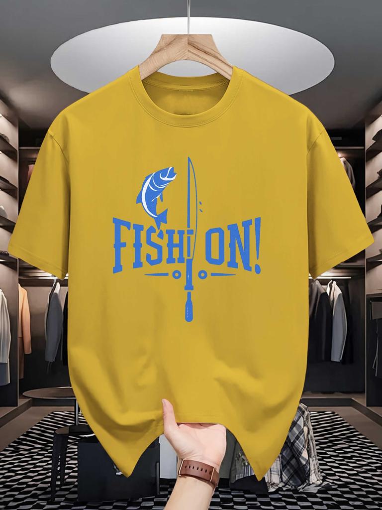Unisex Crew Neck Tee Fishing Fish Vintage Letter Graphic Print Soft Cotton Loose Short Sleeve Summer Casual Male Streetwear Tops