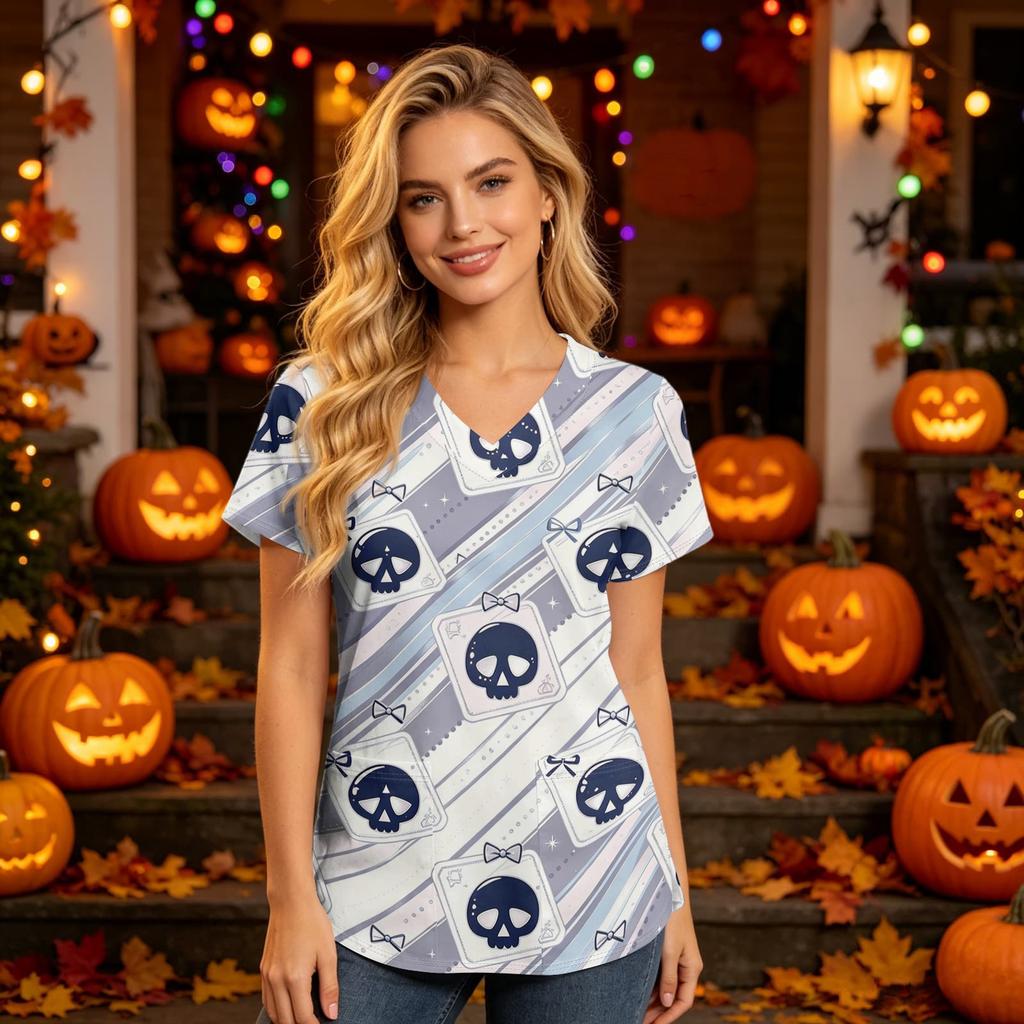 Women's V-Neck Short Sleeve Scrub Top with Pockets Halloween Print for Nurses and Caregivers
